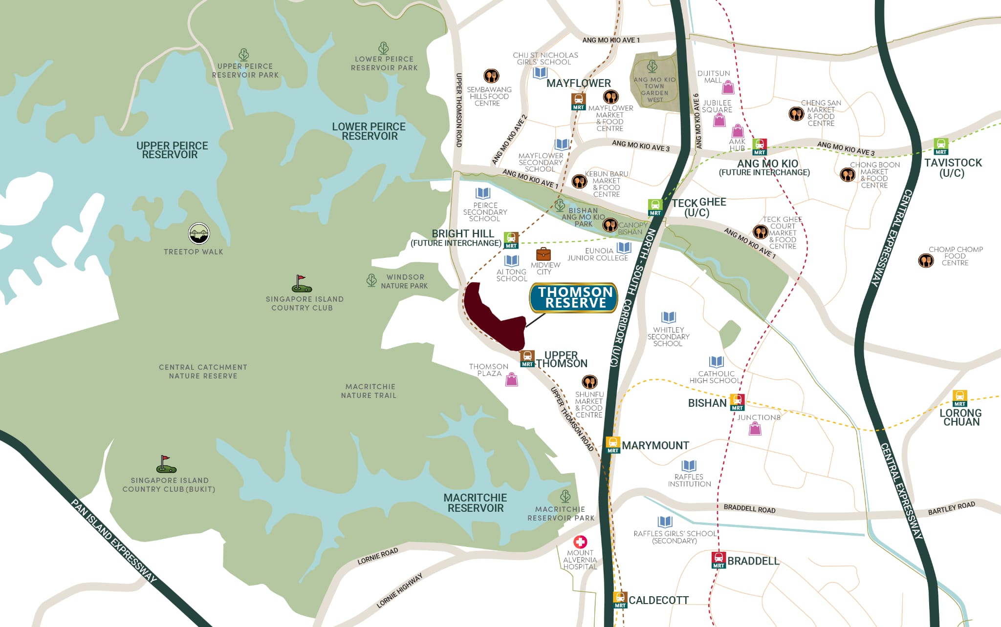 Thomson Reserve Location Map detailing 7 Bright Hill Drive, Upper Thomson MRT Station TE8, Ai Tong School, Thomson Plaza, and surrounding green spaces